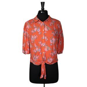 Free People Women's Shirt Button Up Floral Tie Front Boho Oversized Crop Top S